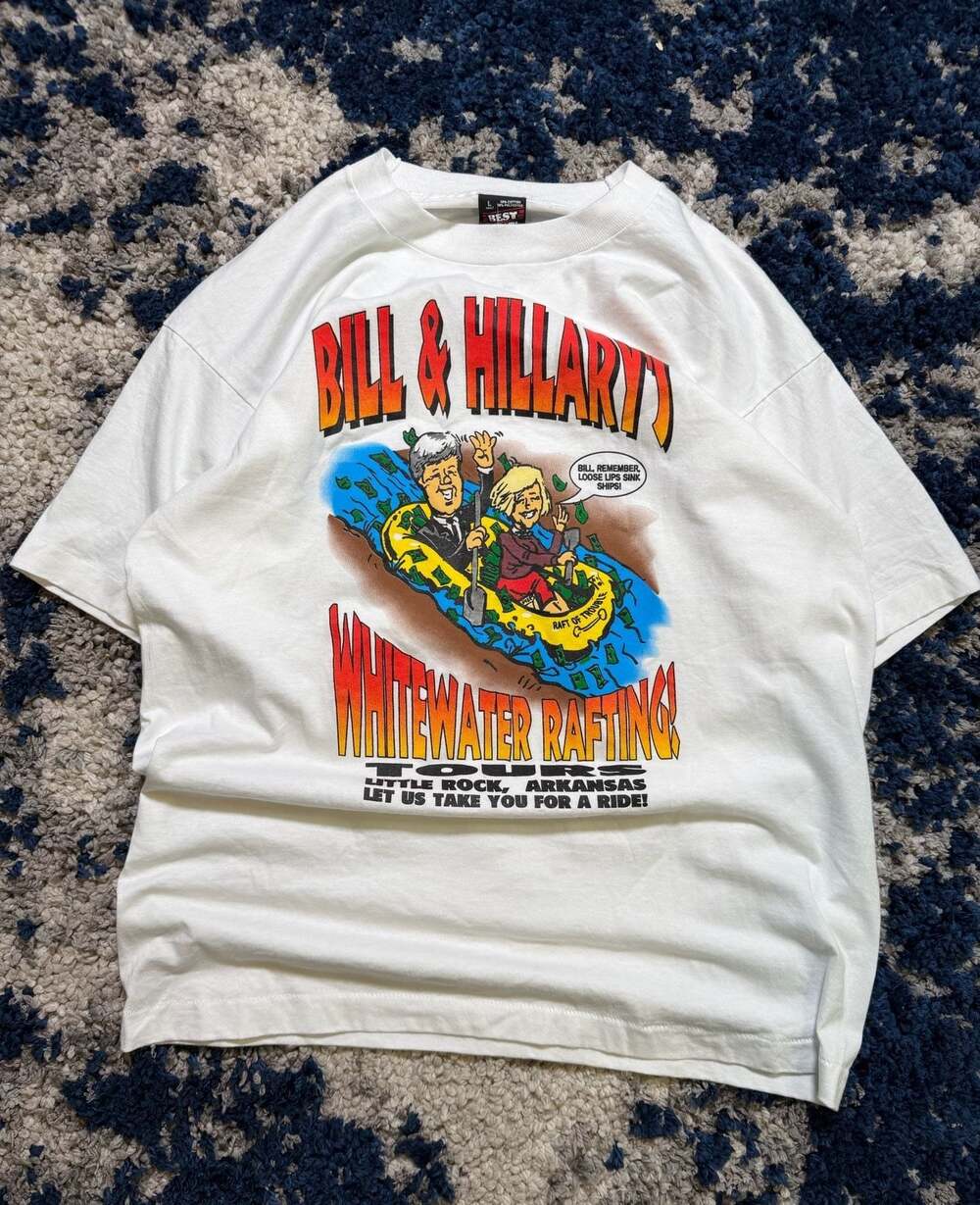 Vintage 90s Bill & Hillary Whitewater Rafting T-Shirt Size Large